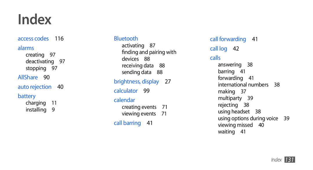 Samsung GT-I5800CWASEB, GT-I5800DKADTM Index, Using headset , Using options during voice 39 viewing missed 40 waiting  